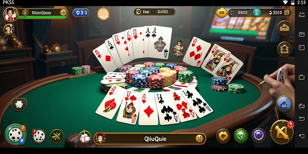Gameplay PK55 yang menampilkan pertarungan kartu QiuQiu.