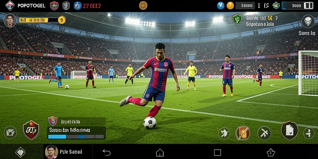 Gameplay seru dalam POPOTOGEL, diwarnai dengan aksi sepak bola nyata.